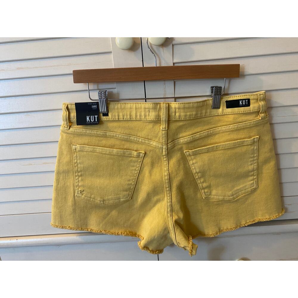 Kut Shorts High Rise Frayed Golden Sun Yellow Jane Hem 5 pocket zip Fly Size 14 - Picture 9 of 13